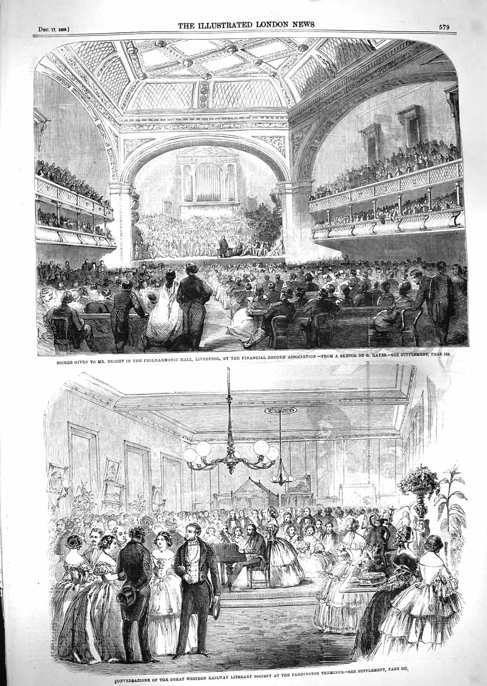 Old Antique Print 1859 Bright Philharmonic Liverpool Railway Paddington 19th