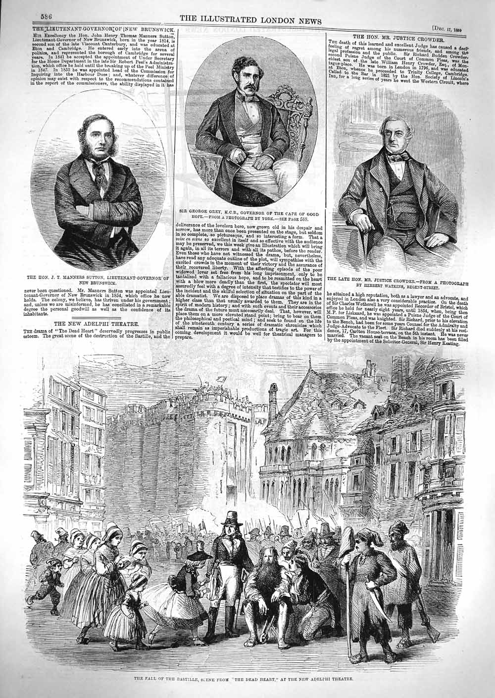 Old Antique Print 1859 Theatre George Grey Justice Crowder Manners Sutton 19th