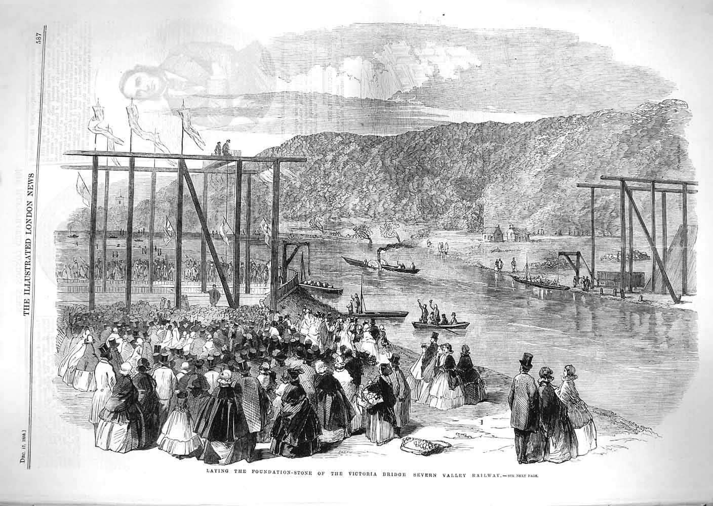 Old Antique Print 1859 Foundation Victoria Bridge Severn Valley Railway 19th