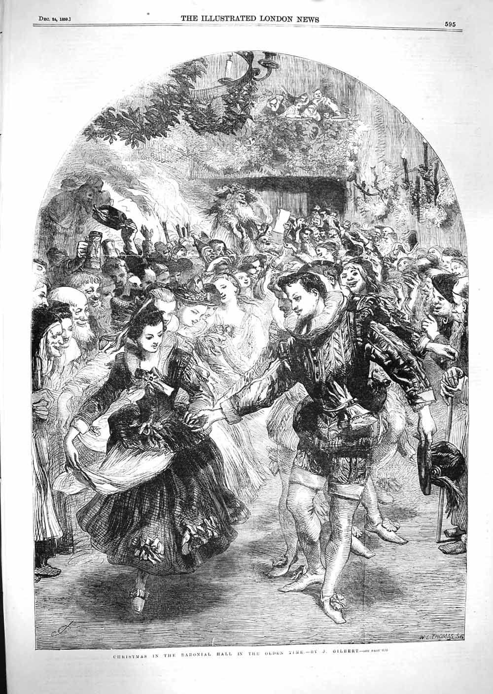 Original Old Antique Print 1859 Christmas Baronial Hall en Time Party Gilbert