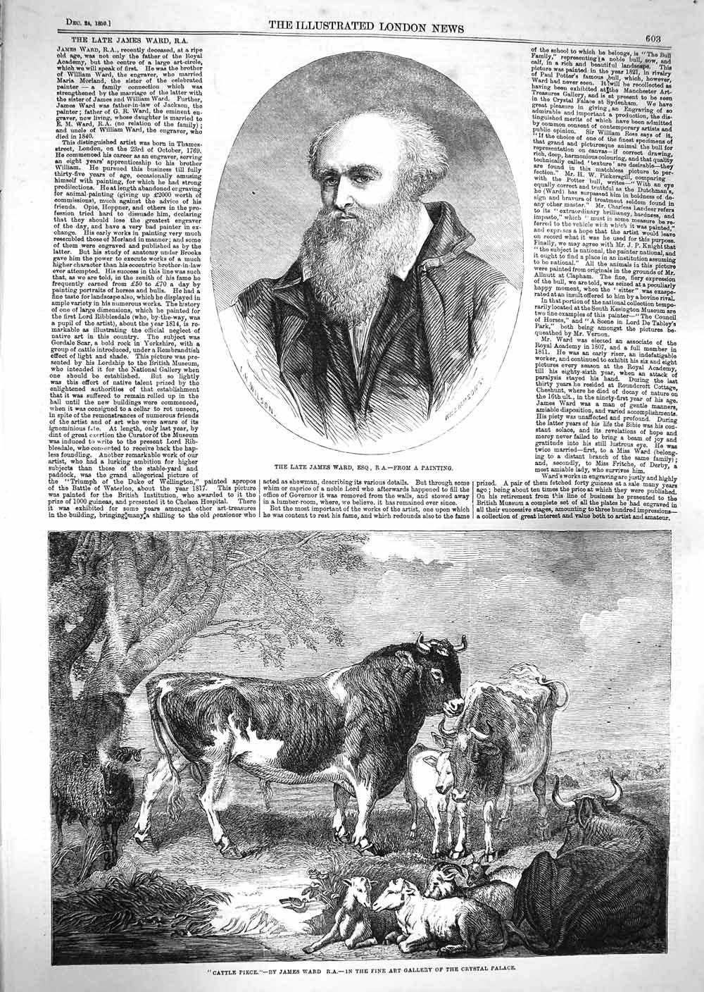Original Old Antique Print 1859 Portrait James Ward Cattle Goats Farm Animals