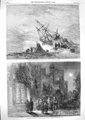 Original Old Antique Print 1859 Carol Singing Manor House Christmas Ship Wreck