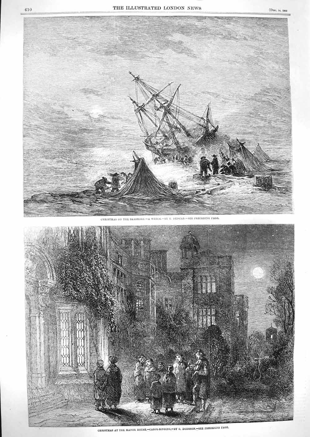 Original Old Antique Print 1859 Carol Singing Manor House Christmas Ship Wreck