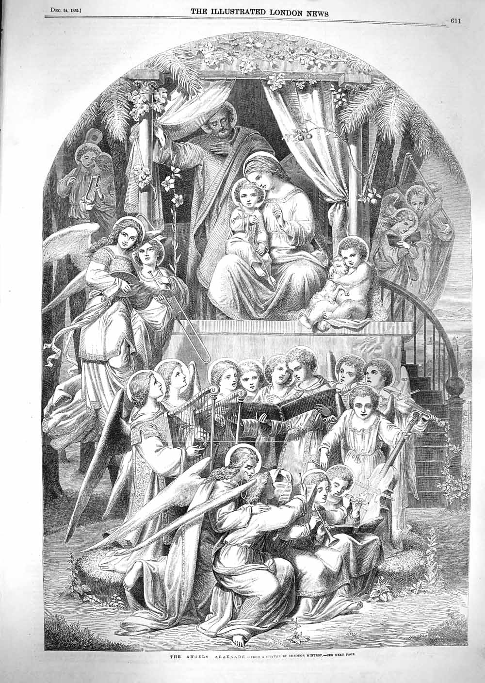 Original Old Antique Print 1859 Angels Serenade Music Harps 19th
