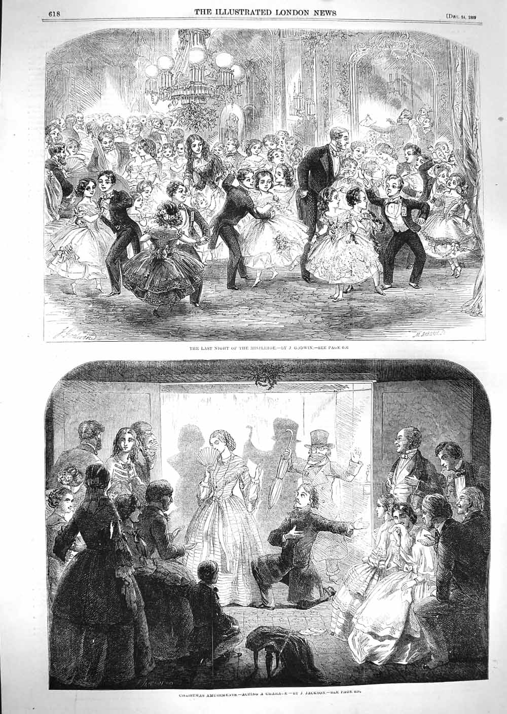 Original Old Antique Print 1859 Christmas Amusements Charade Mistletoe Dancing