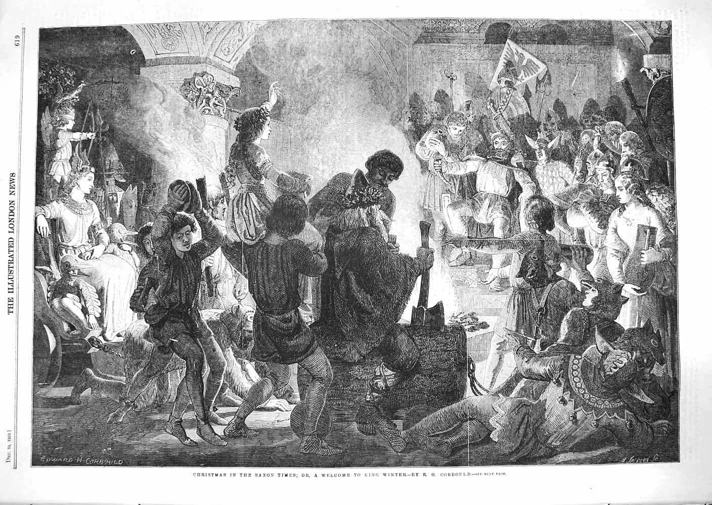 Original Old Antique Print 1859 Christmas Scene Saxon Times King Winter Party