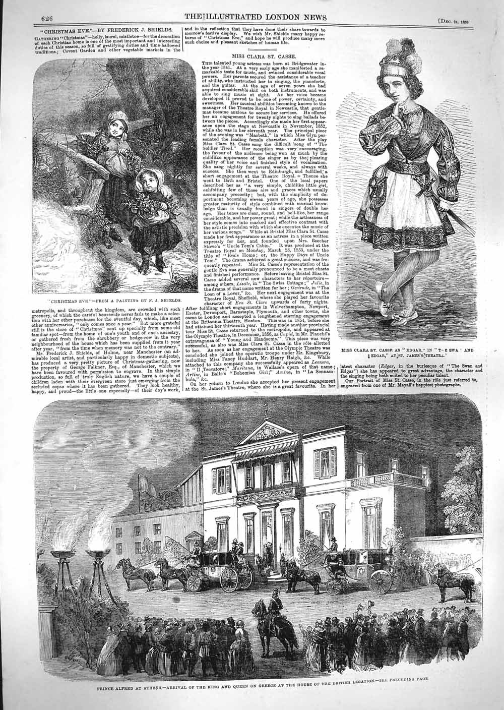 Original Old Antique Print 1859 Prince Alfred Athens King Greece Clara Theatre