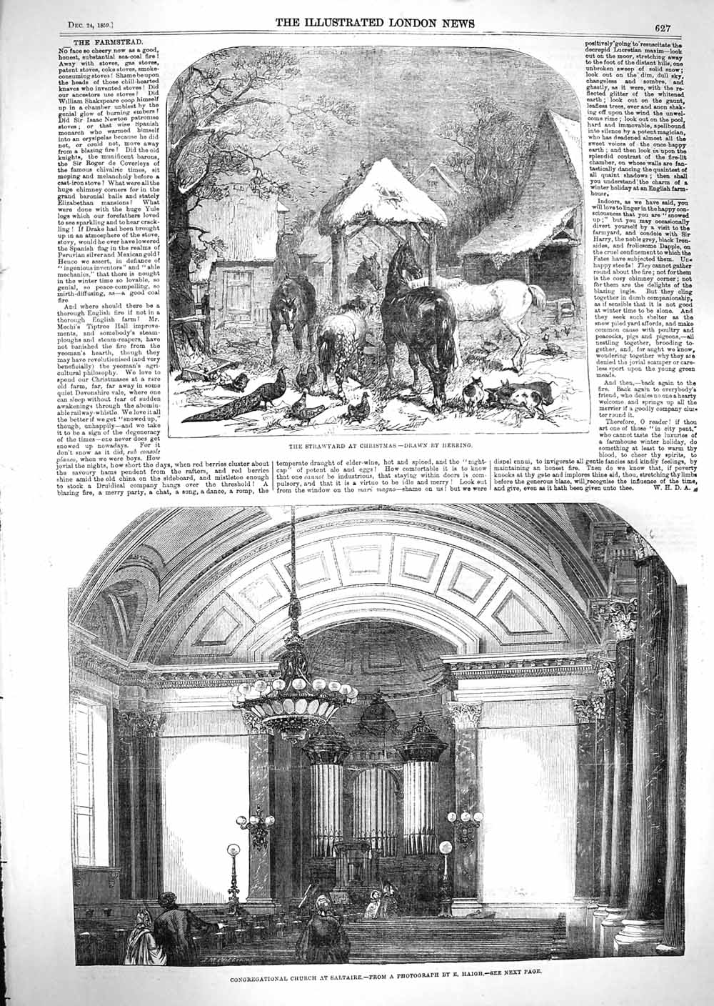 Old Antique Print 1859 Congregational Church Saltaire Strawyard Christmas 19th