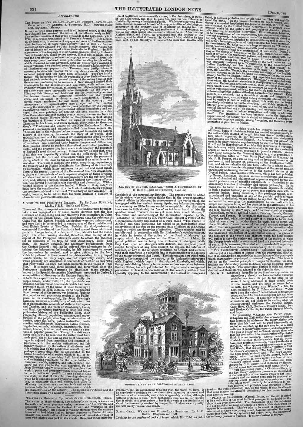 Old Antique Print 1859 All Souls Church Halifax Highbury New Park College 19th