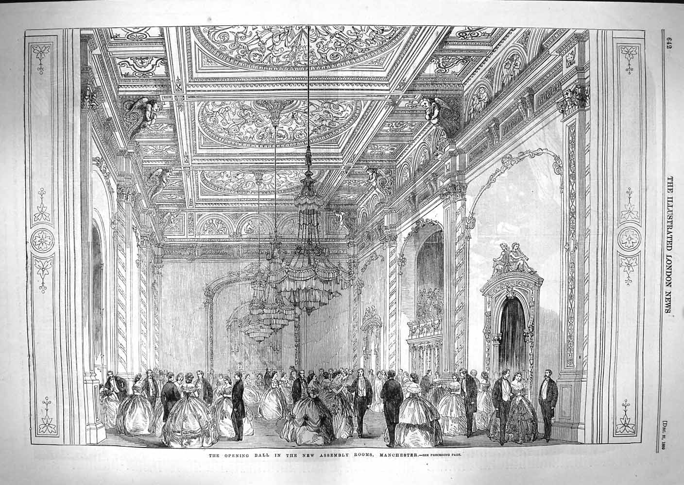 Original Old Antique Print 1859 Opening Ball New Assembly Rooms Manchester 19th