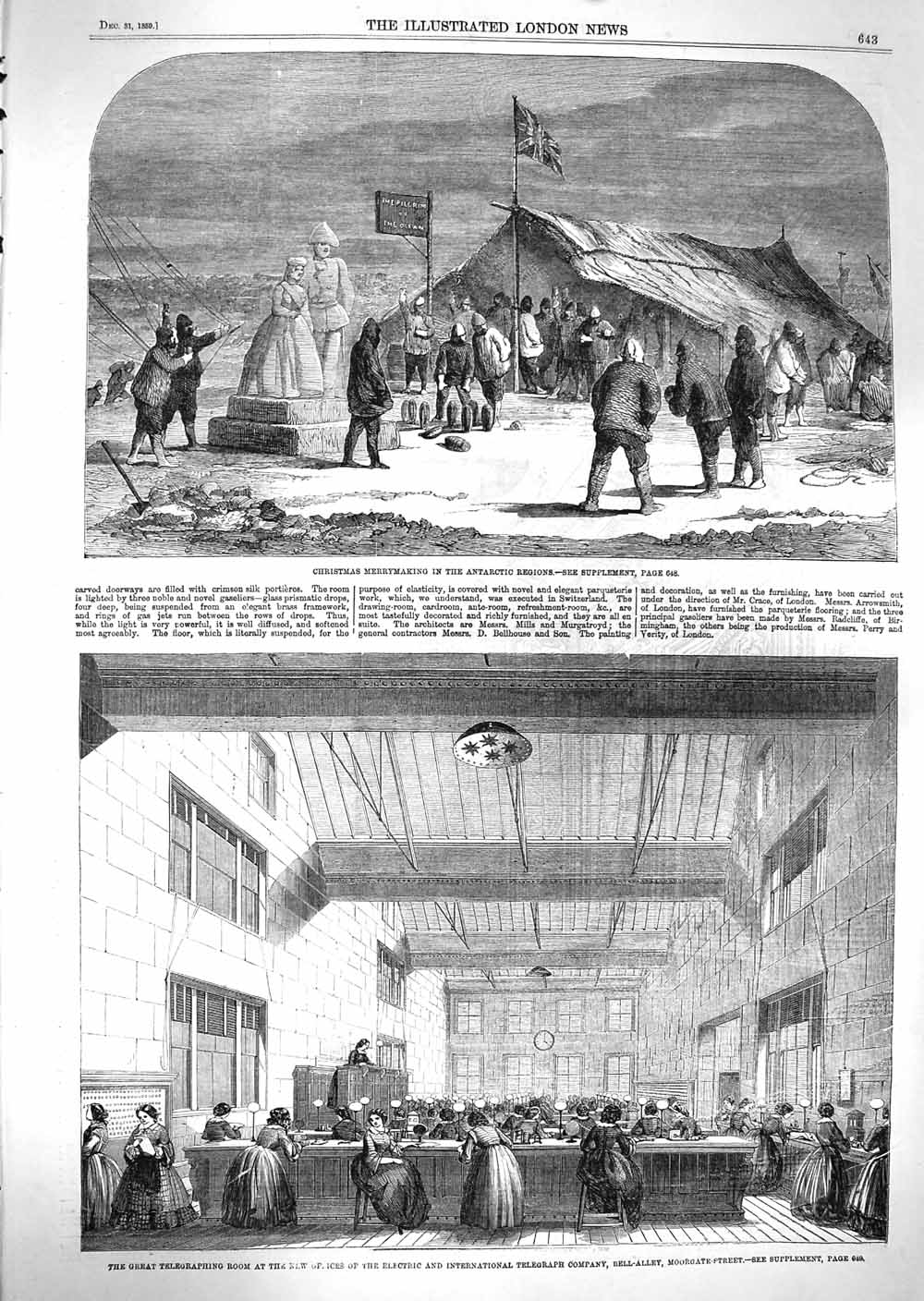 Old Antique Print 1859 Christmas Antarctic Telegraph Company Bell-Alley 19th