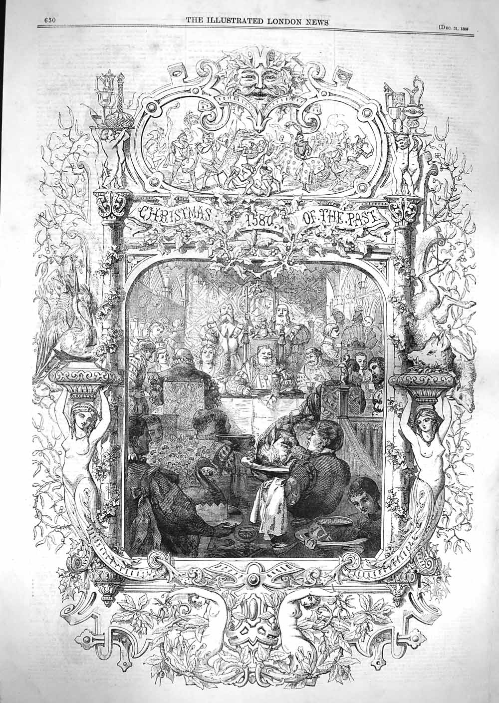 Original Old Antique Print 1859 Christmas Dinner Feast Family Presents 19th