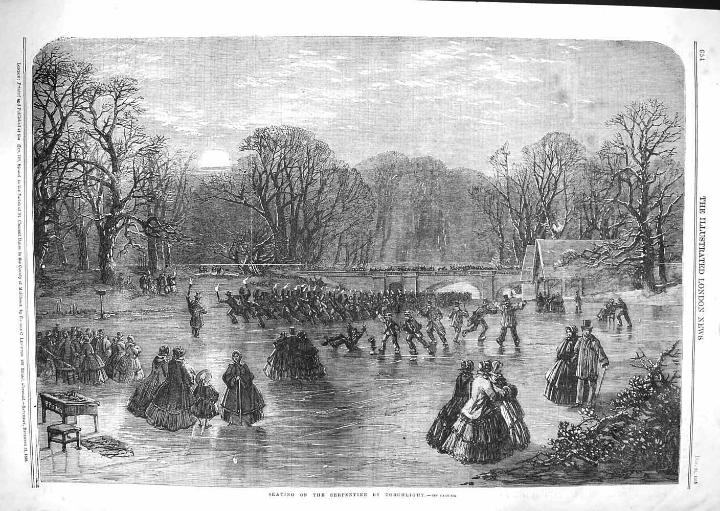 Old Antique Print 1859 Ice Skating Winter Amusement Torchlight Fine Art 19th