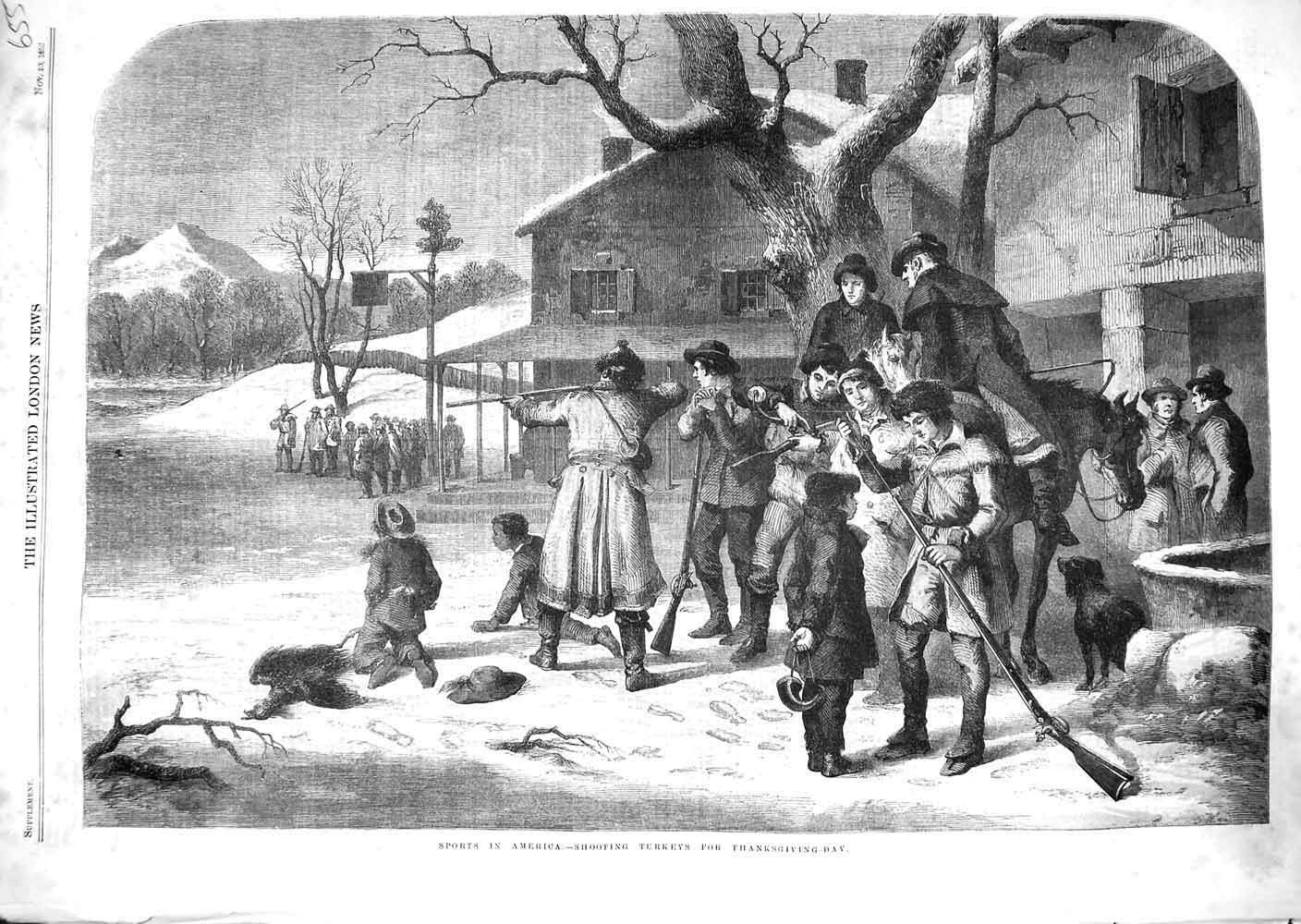 Old Antique Print 1859 Sports America Shooting Hunting Thanksgiving Day 19th