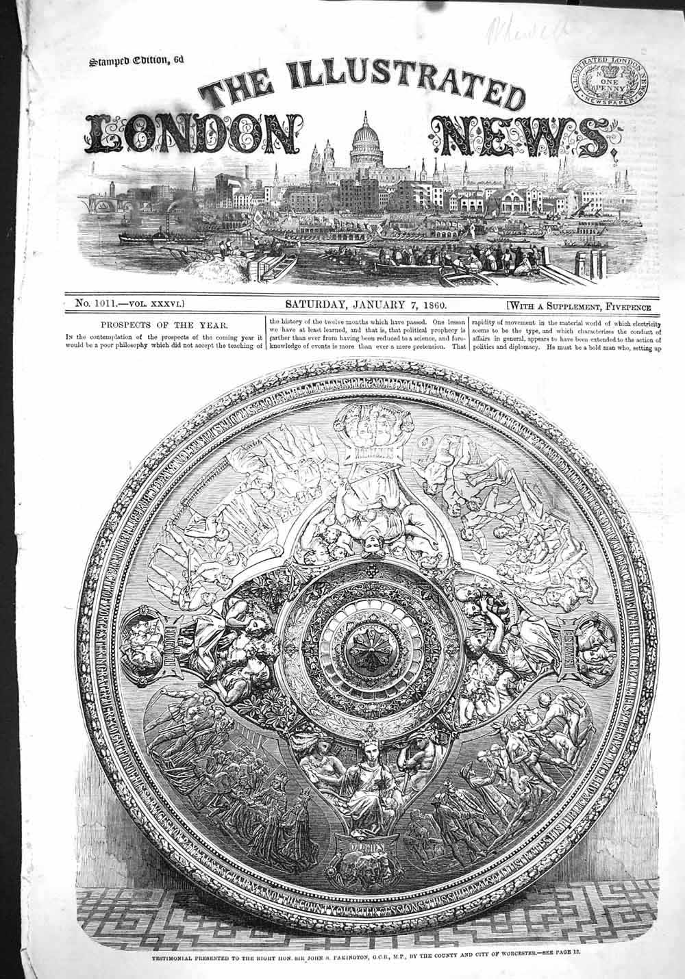 Original Old Antique Print 1860 Testimonial Sir John Pakington City Wo Victorian