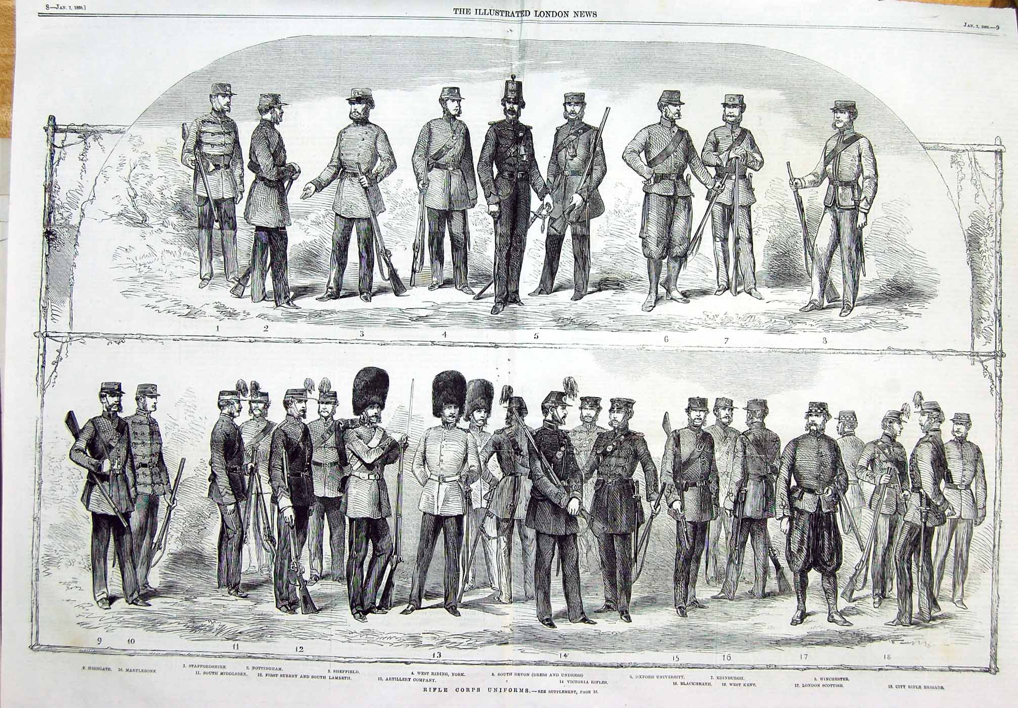 Old Antique Print 1860 Rifle Corps Uniforms Sheffield Edinburgh Oxford 0 19th