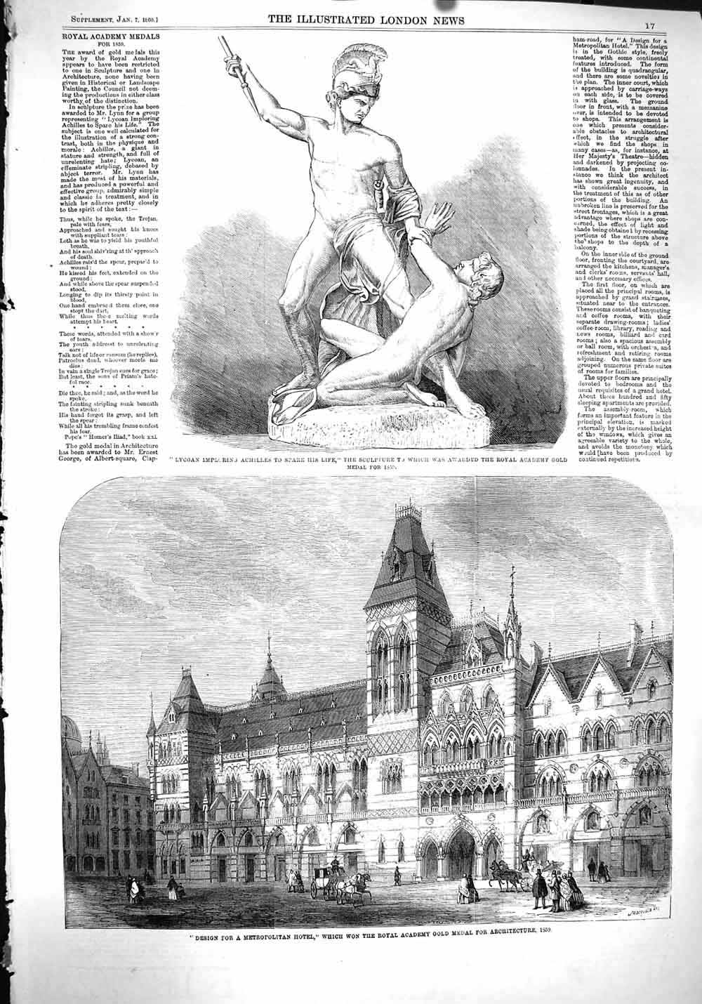 Old Antique Print 1860 Metropolitan Hotel Royal Academy Lycoan Achilles 19th