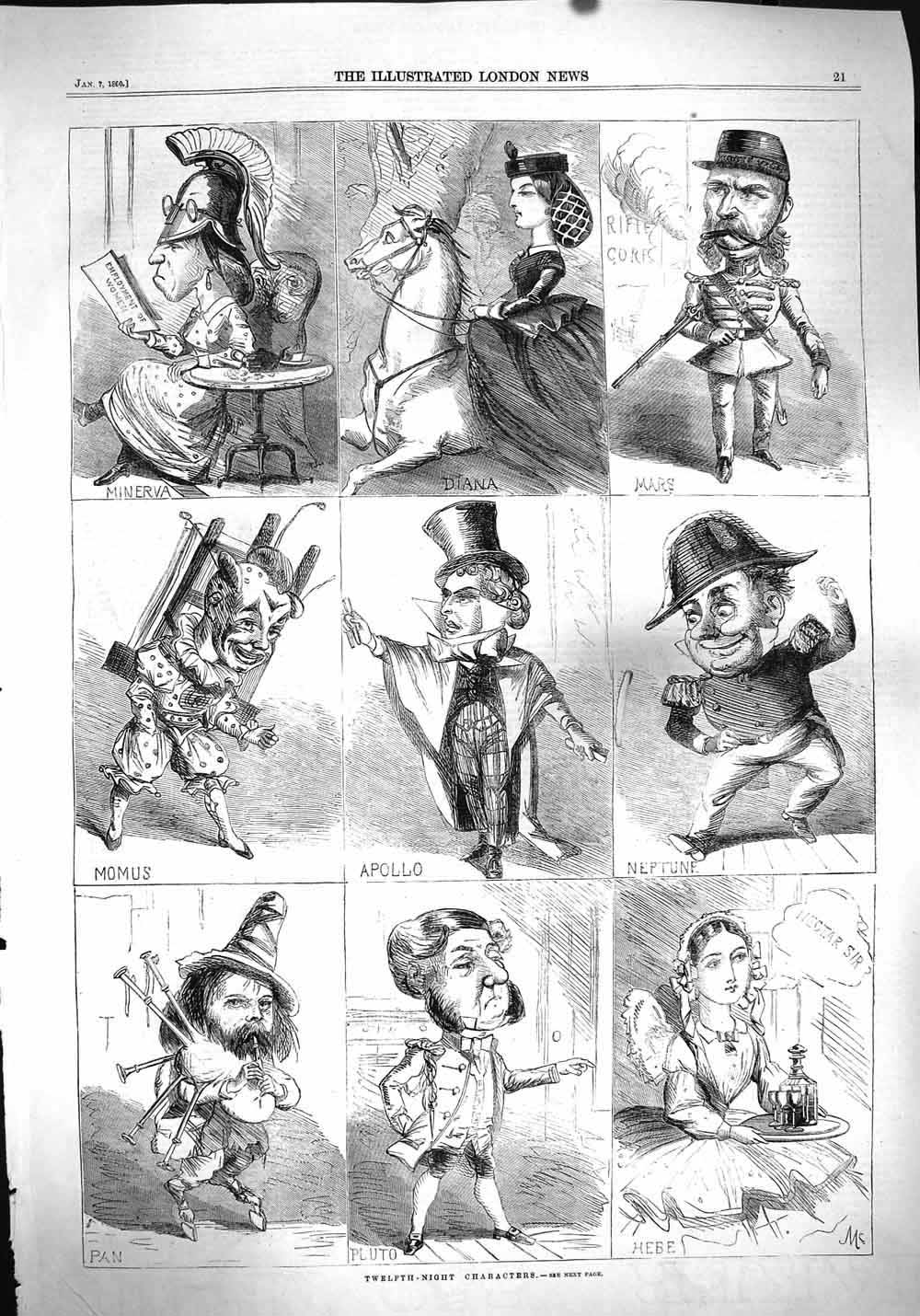 Original Old Antique Print 1860 Twelfth Night Characters Theatre Apollo Plu 19th