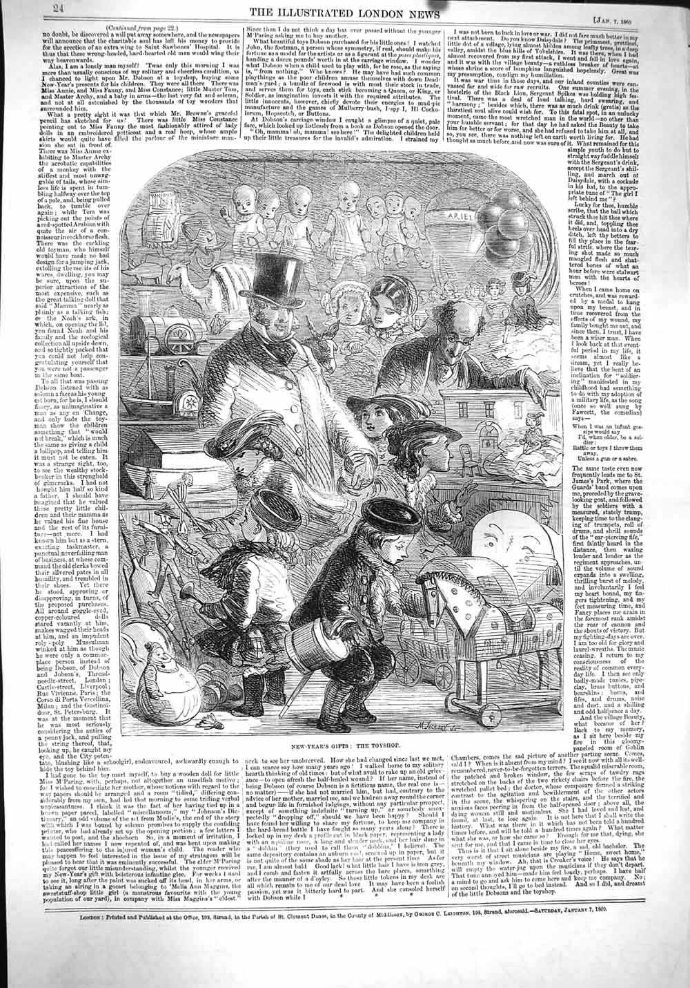 Original Old Antique Print 1860 New Years Gifts Toyshop Children Presents 19th