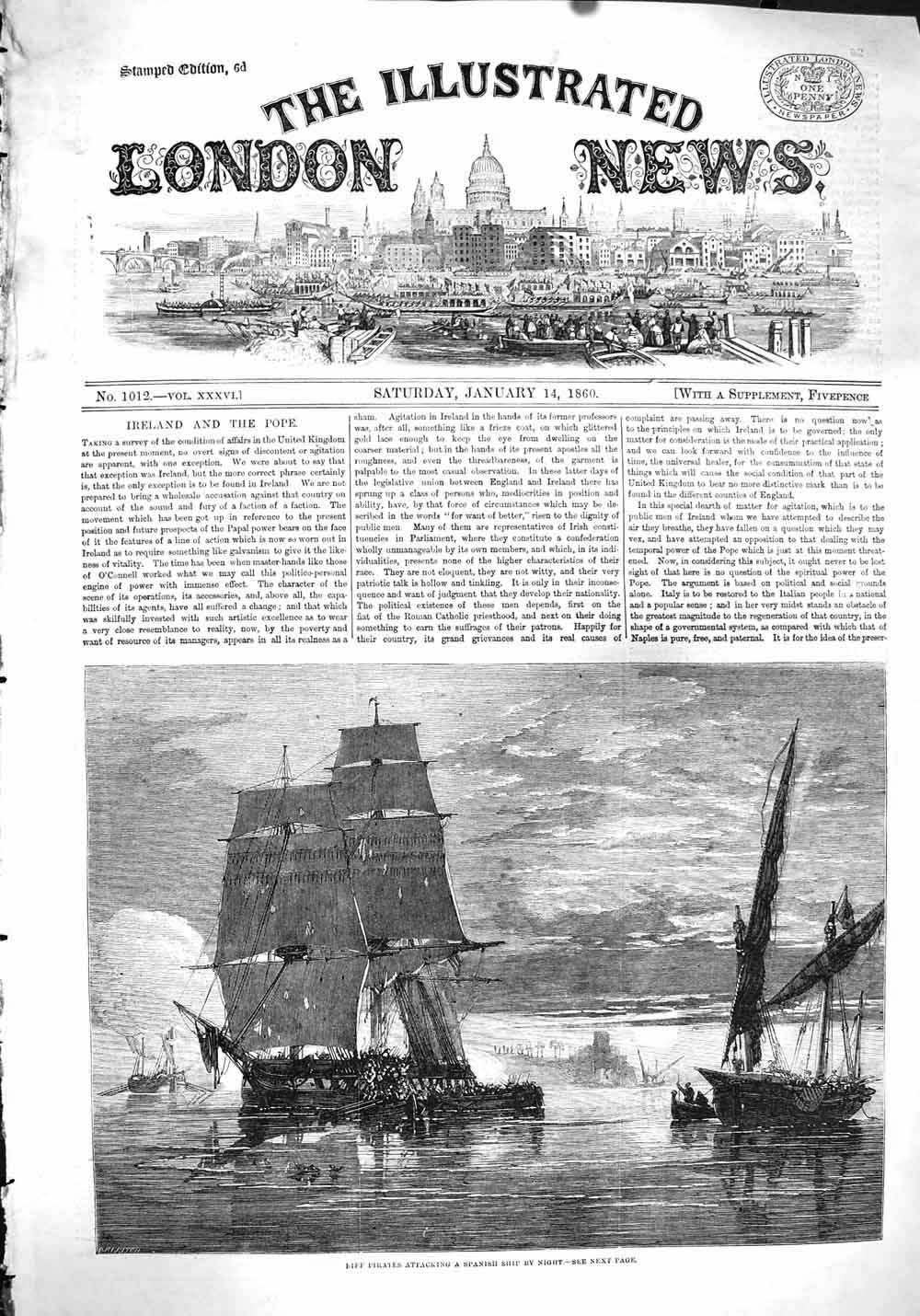 Original Old Antique Print 1860 Biff Pirates Attacking Spanish Ship Victorian