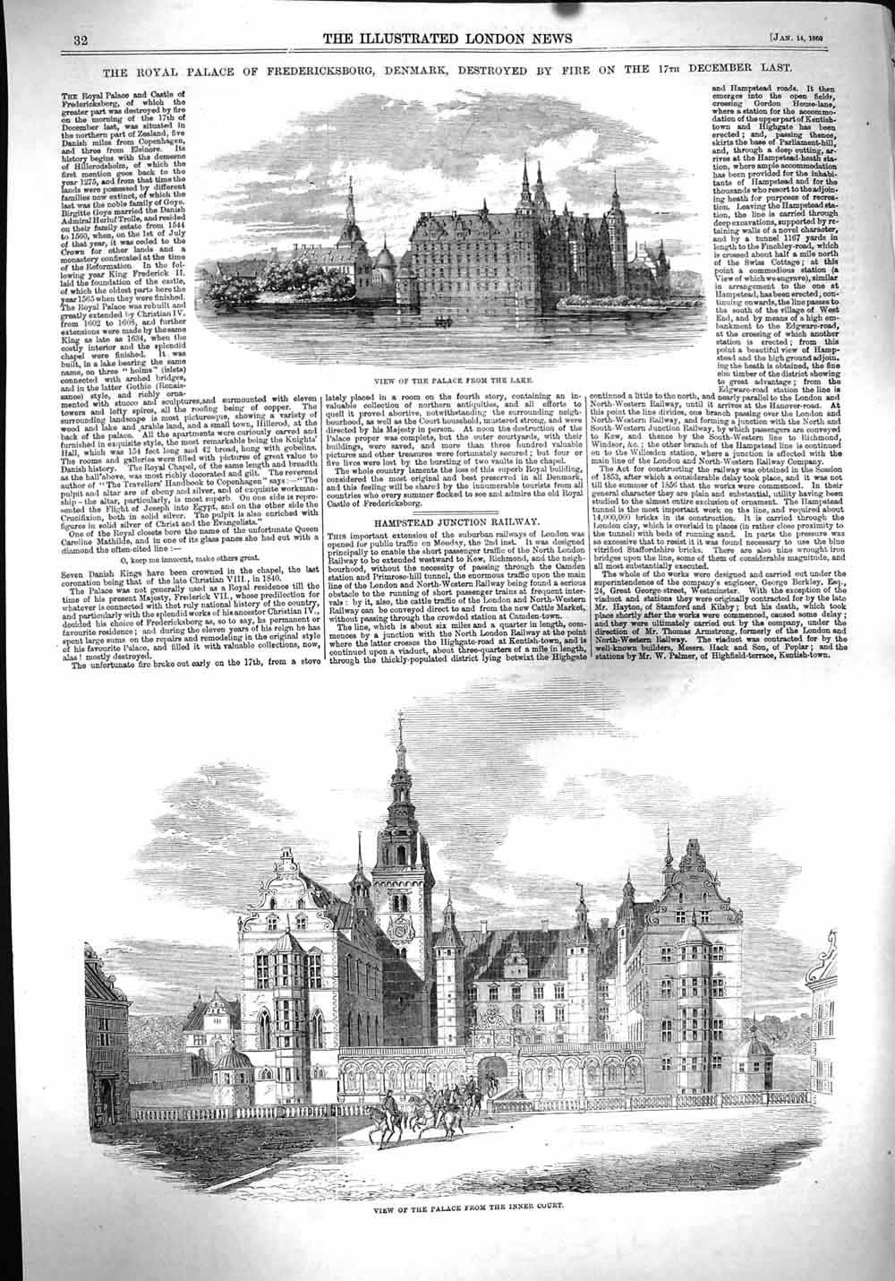 Original Old Antique Print 1860 Palace Fredericksborg Denmark Inner Court 19th