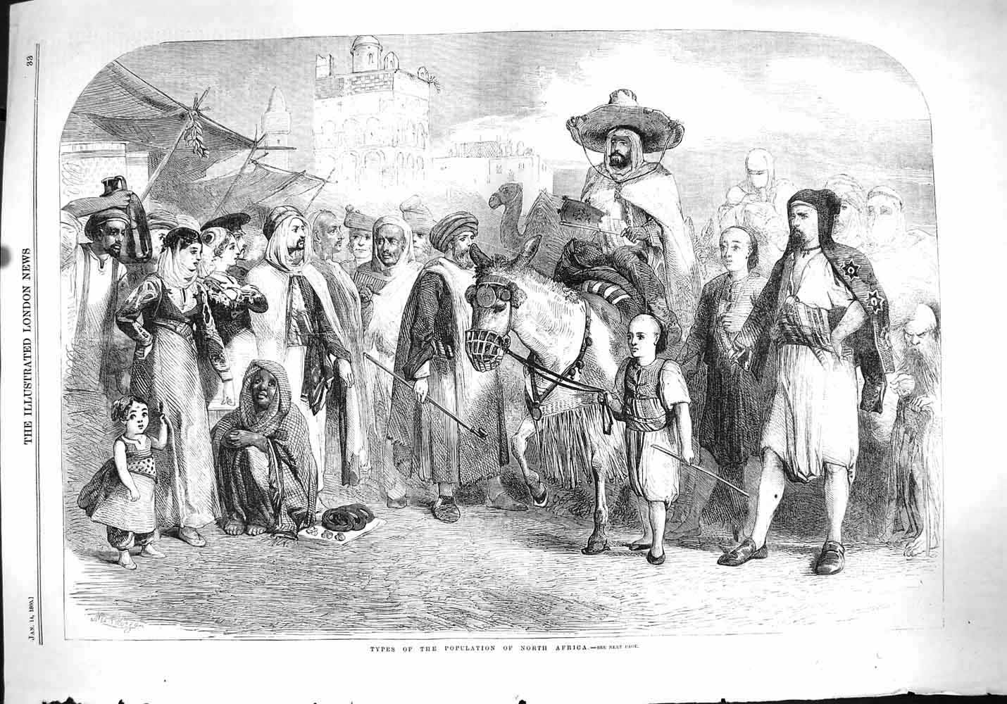 Old Antique Print 1860 Types Population People North Africa Horse Camel 19th