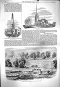 Old Antique Print 1860 Christ Church Hampstead Finchley Station Railway 19th