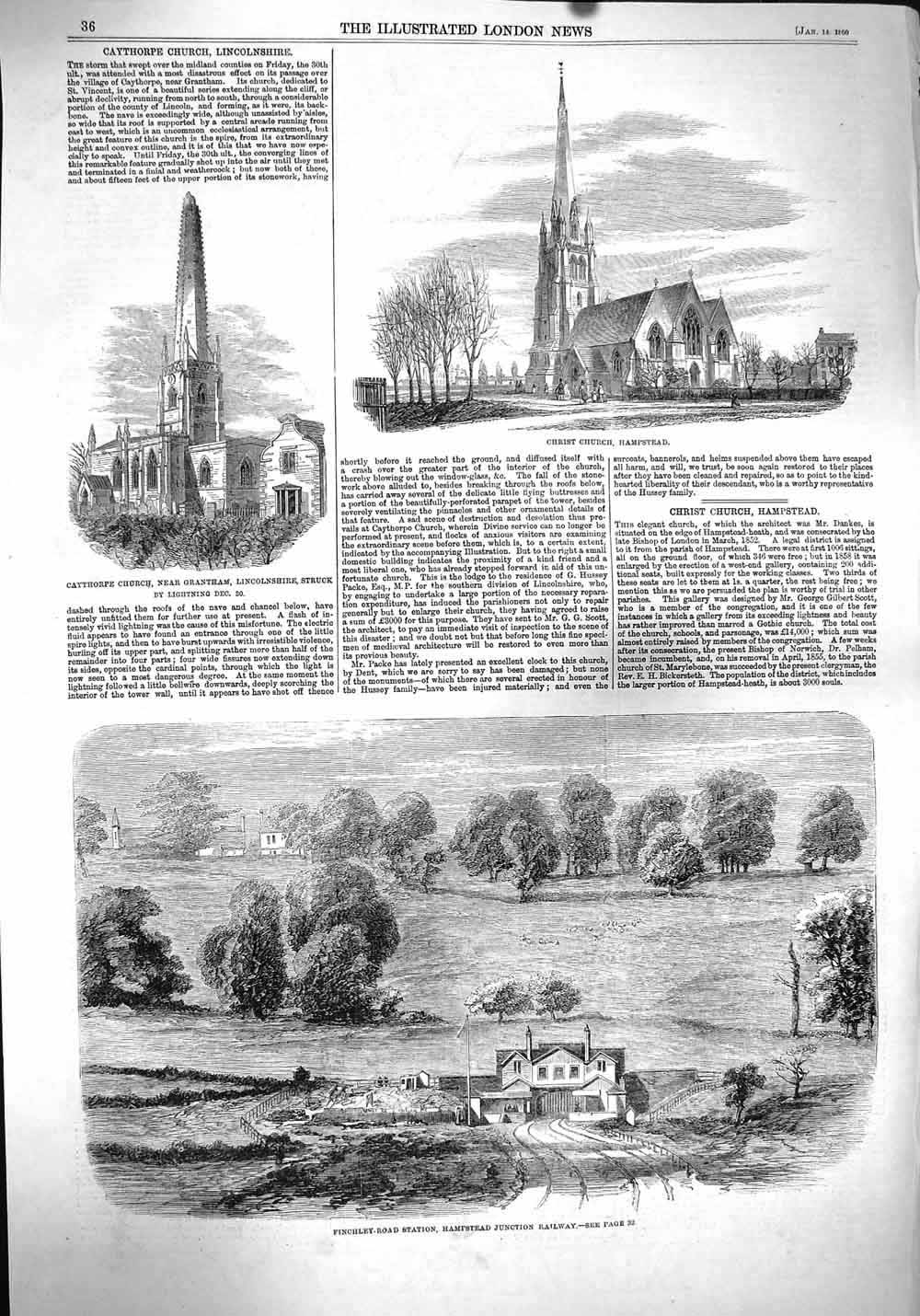 Old Antique Print 1860 Christ Church Hampstead Finchley Station Railway 19th