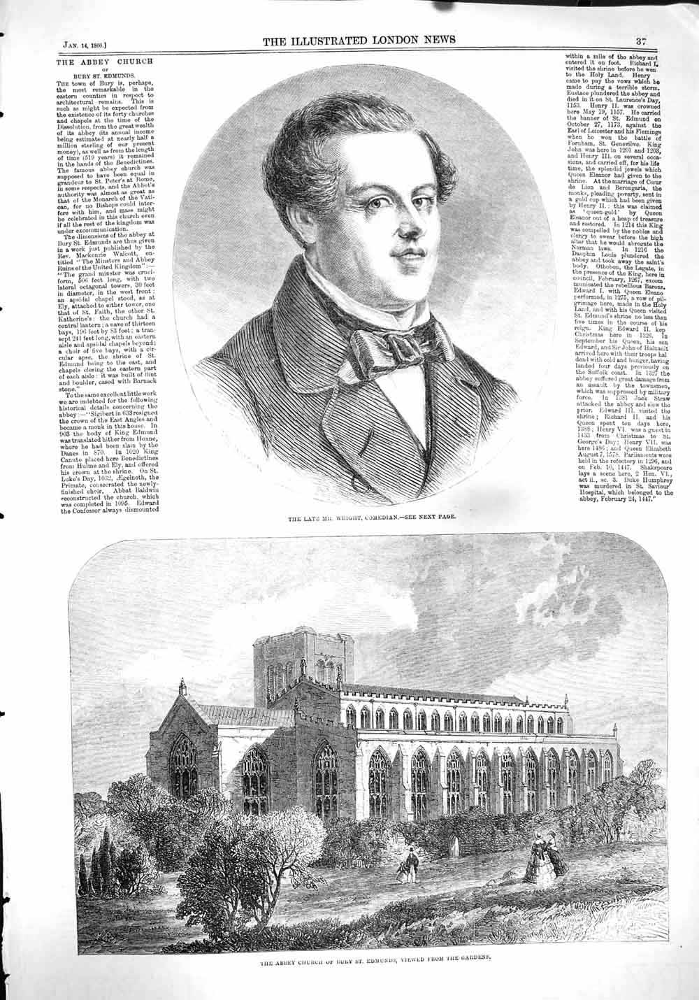 Old Antique Print 1860 Mr. Wright Comedian Abbey Church Bury St. Edmunds 19th
