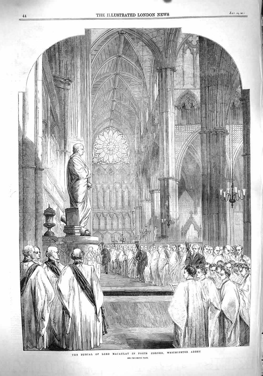 Original Old Antique Print 1860 Burial Lord Macaulay Poets Corner Westminster