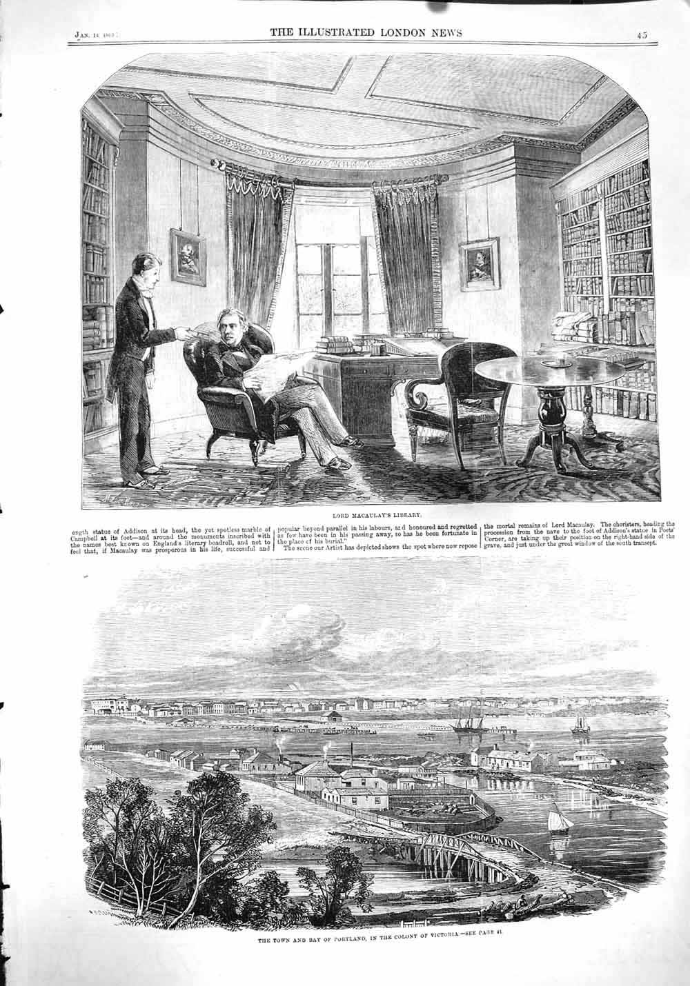 Original Old Antique Print 1860 Lord Macaulay Library Town Portland V Victorian