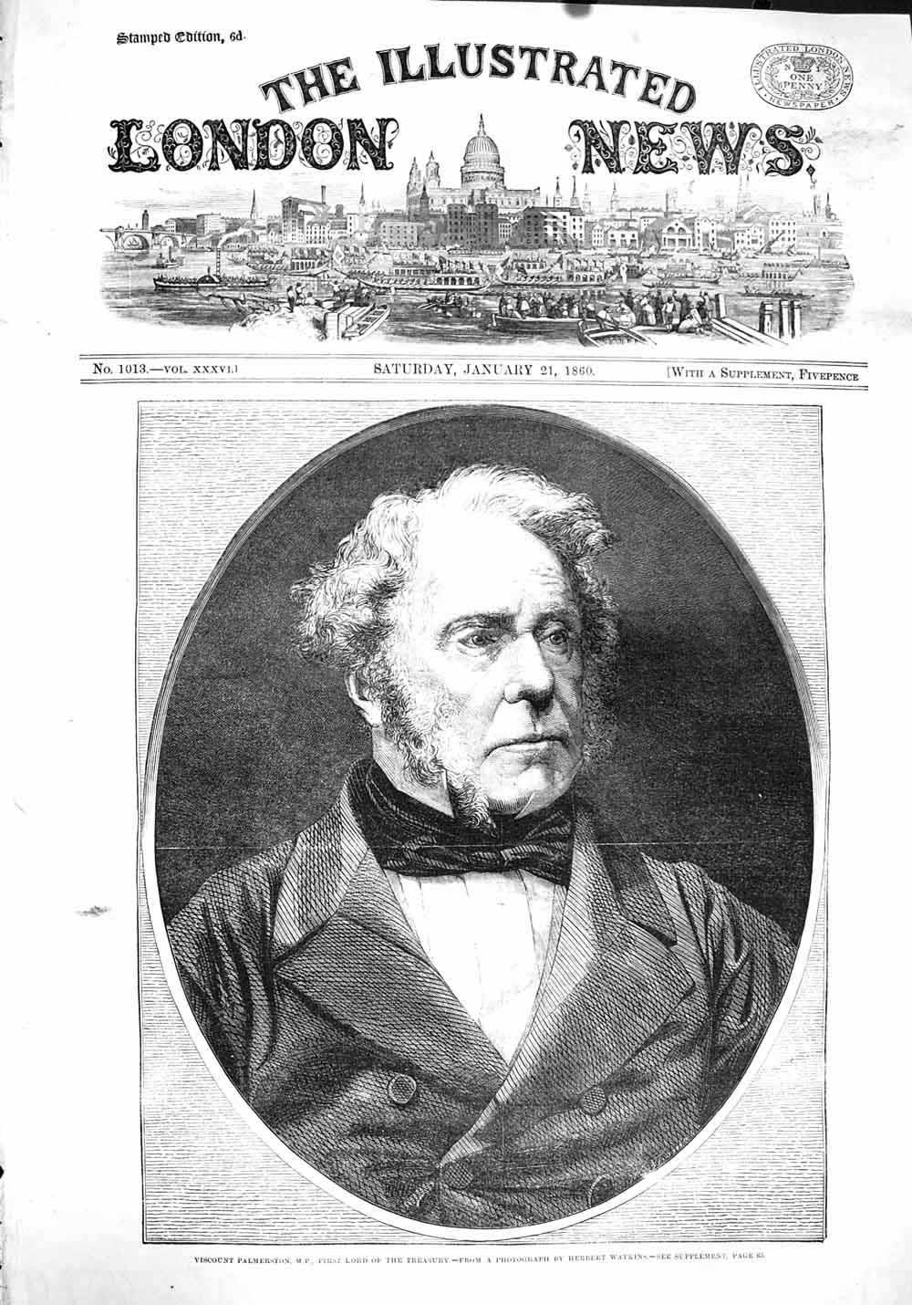 Original Old Antique Print 1860 Portrait Viscount Palmerston Lord Treasury 19th