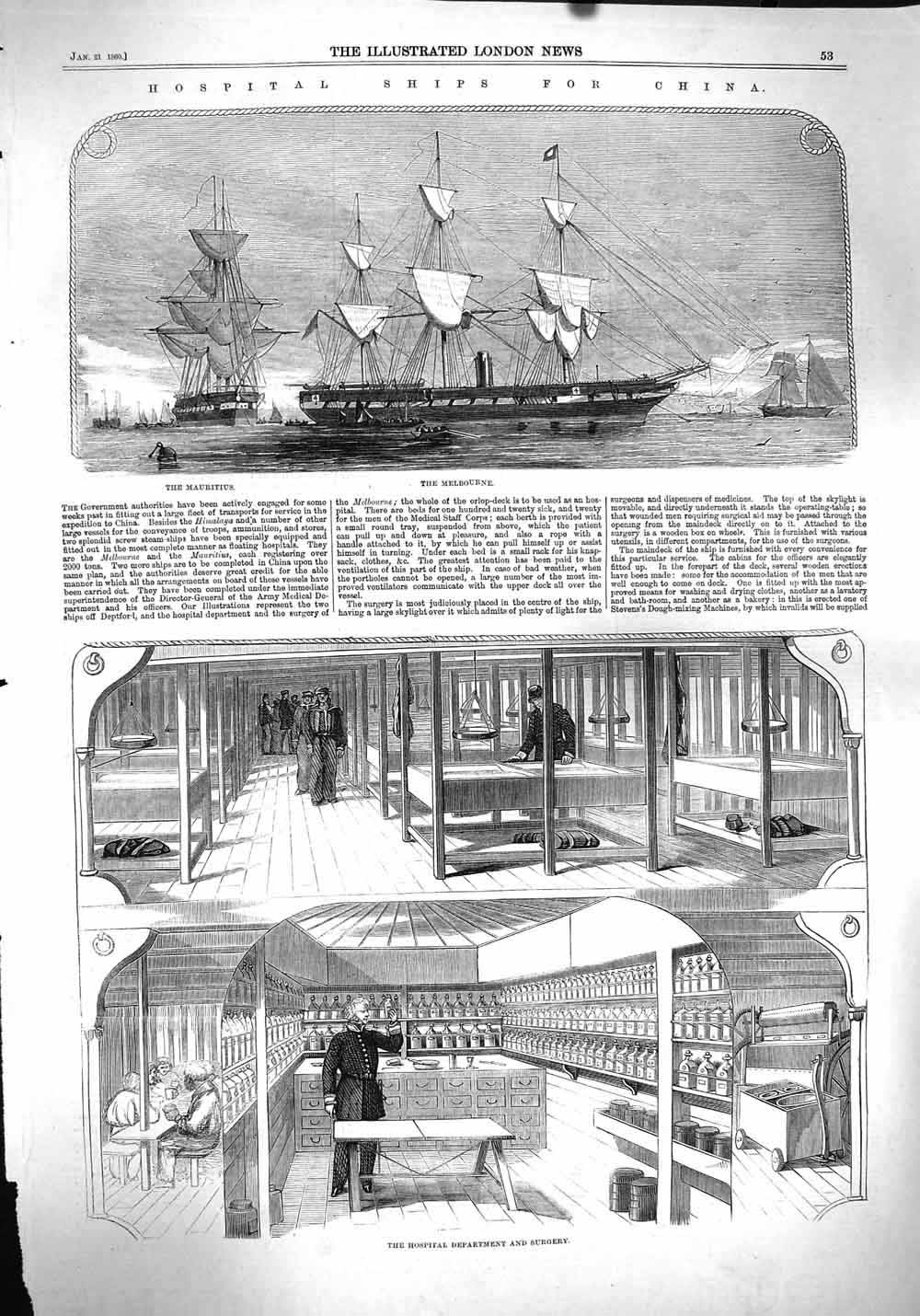 Original Old Antique Print 1860 Hospital Ship Melbourne Mauritius China 19th