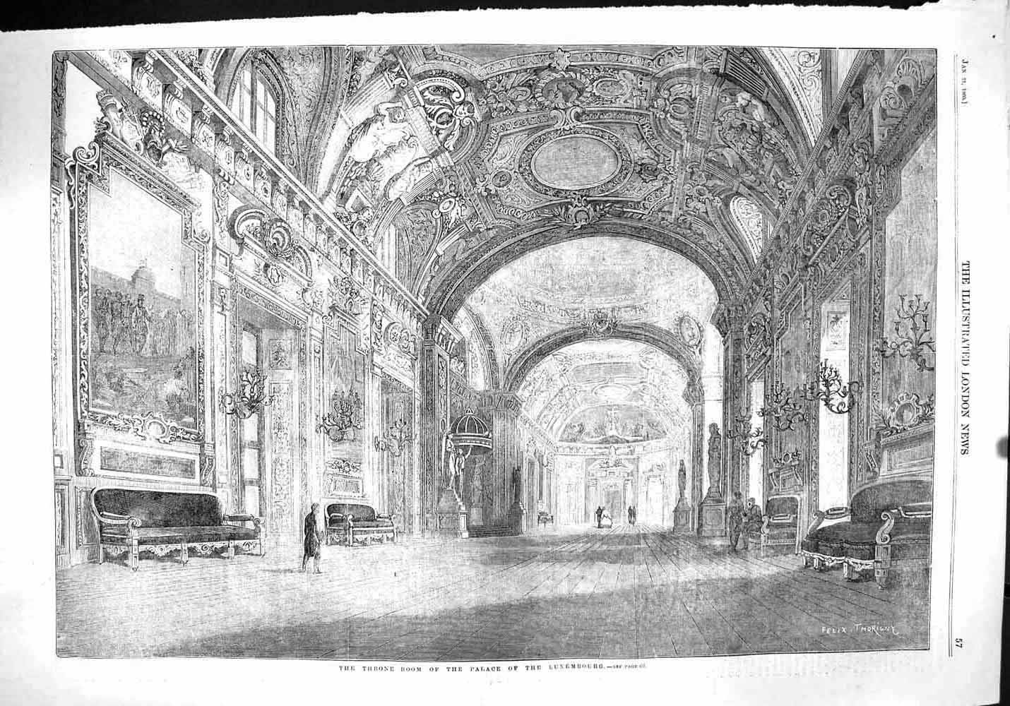 Original Old Antique Print 1860 Throne Room Palace Luxembourg Architecture 19th