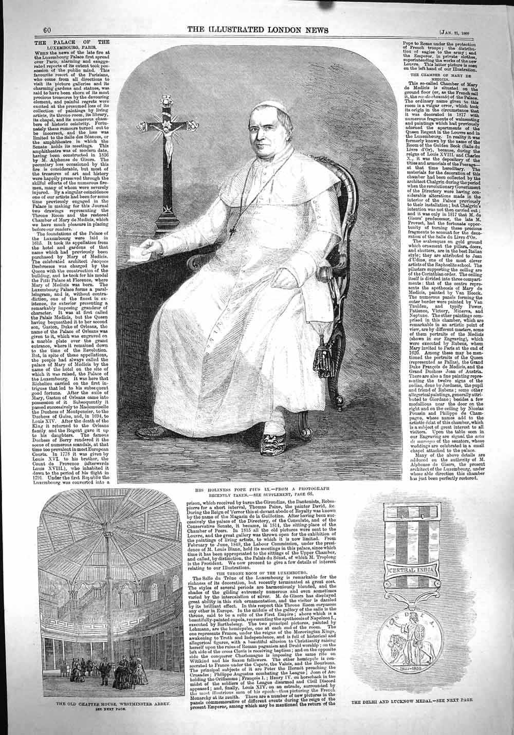 Old Antique Print 1860 Pope Pius Ix Delhi Lucknow Medal Westminster Abbey 19th