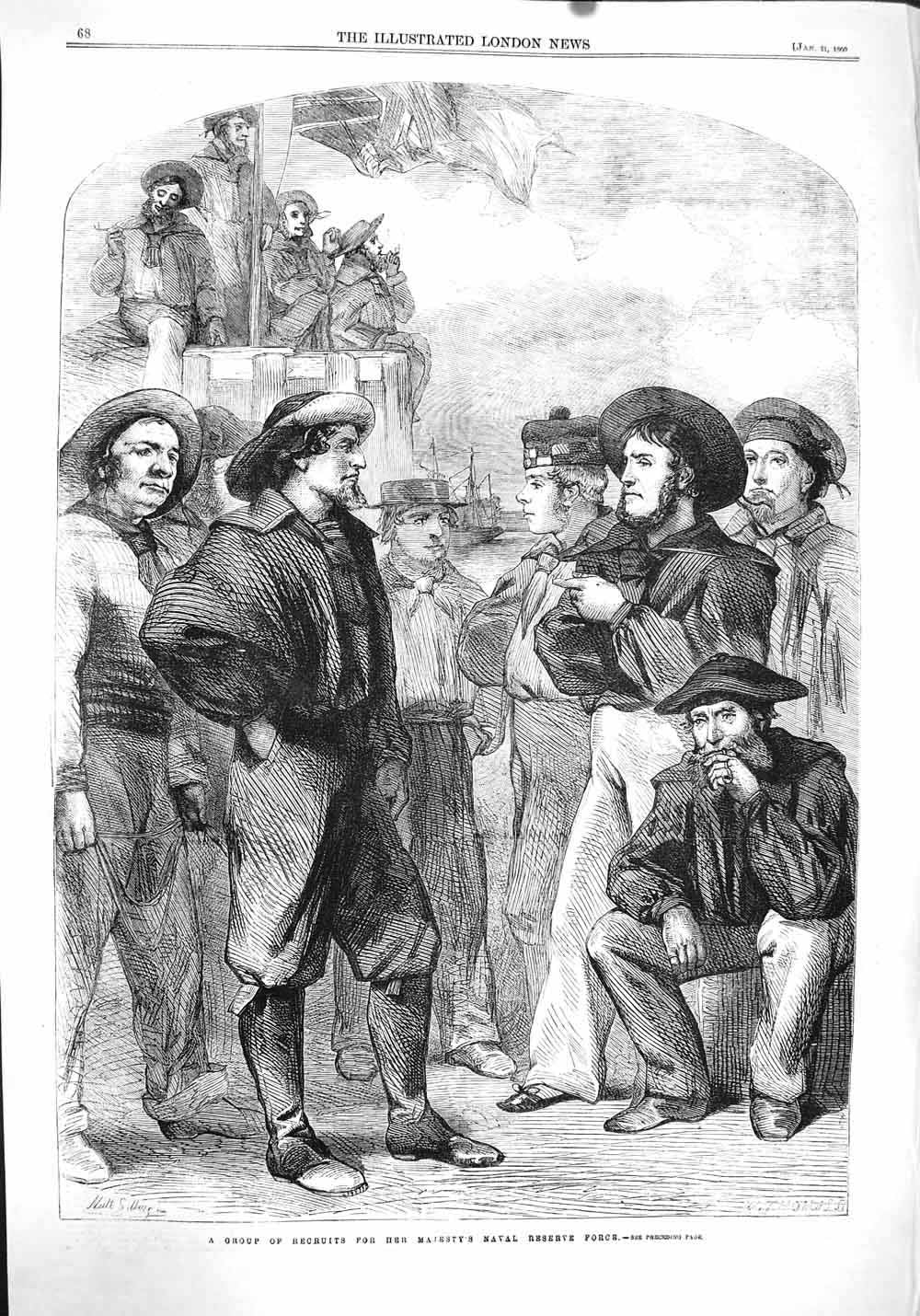 Original Old Antique Print 1860 Group Recruits Queen Naval Reserve Force War