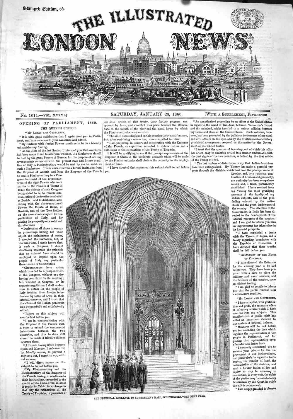 Original Old Antique Print 1860 Entrance Stephen'S Hall Westminster London 19th