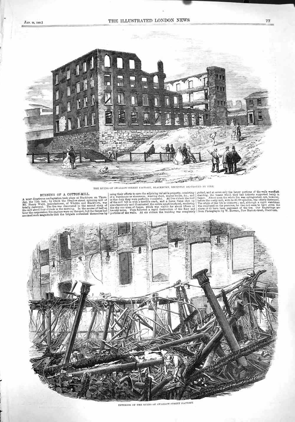 Original Old Antique Print 1860 Ruins Swallow Street Factory Blakcburn Fire