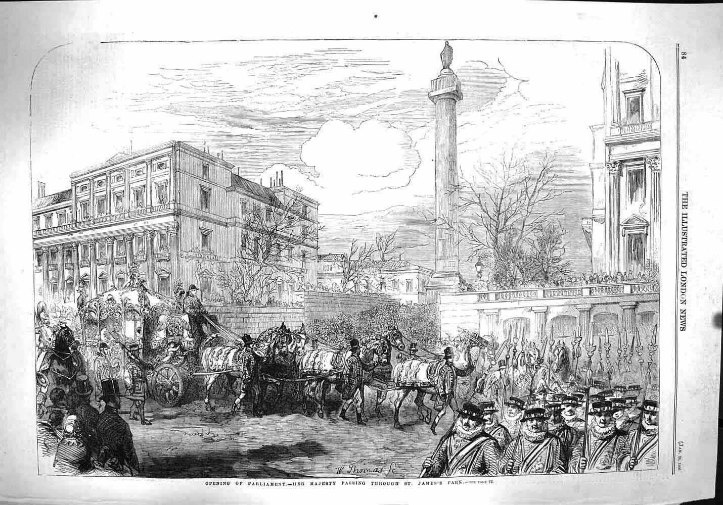 Original Old Antique Print 1860 Queen St. James'S Park Opening Parliament 19th