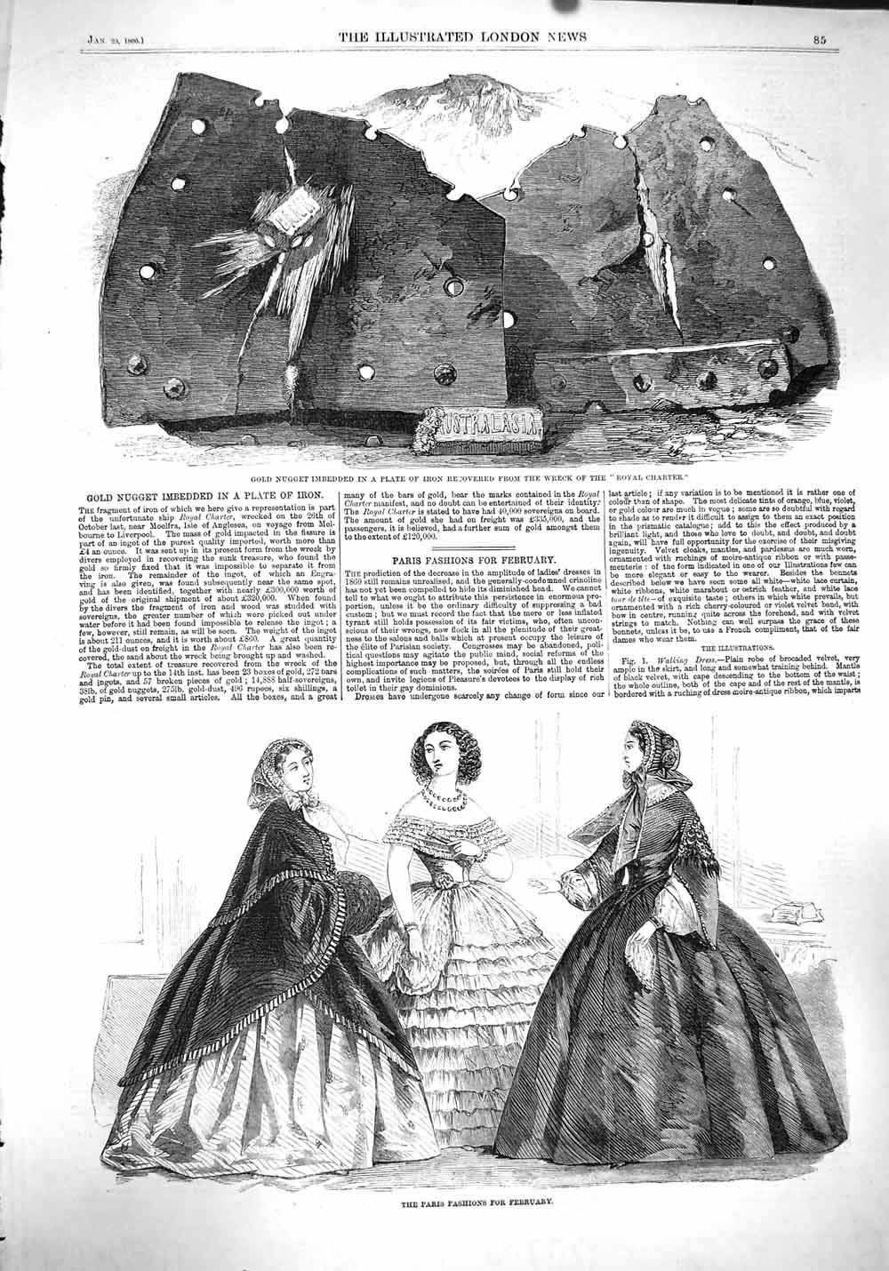 Original Old Antique Print 1860 GNugget Plate Iron Ship Royal Charter Victorian