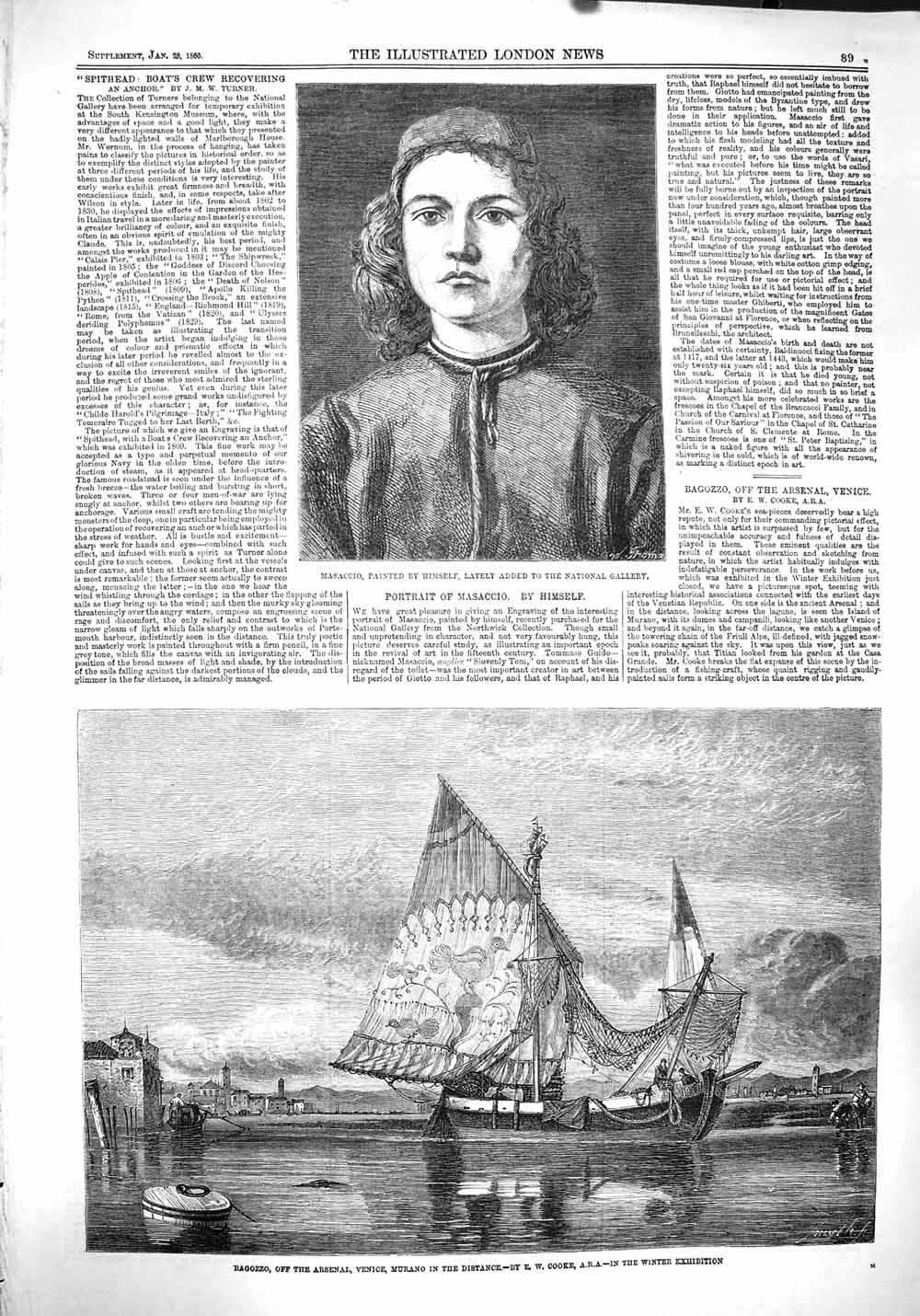 Original Old Antique Print 1860 Masaccio Portrait Bagozzo Arsenal Murano Ship