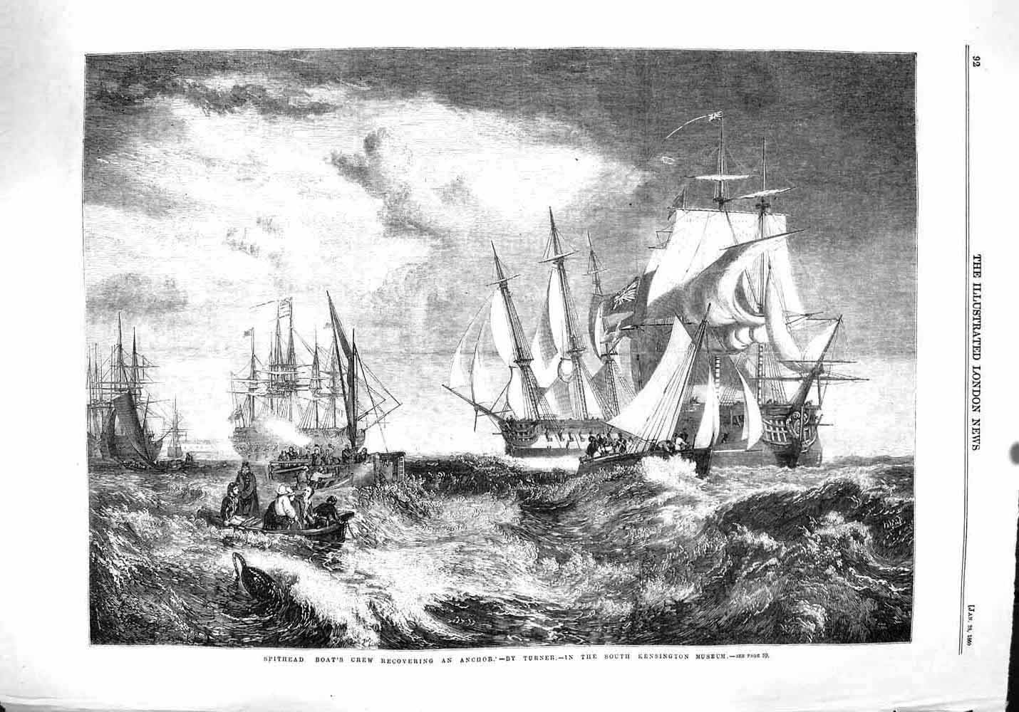 Original Old Antique Print 1860 Spithead Boat'S Crew Recovering Anchor Ships