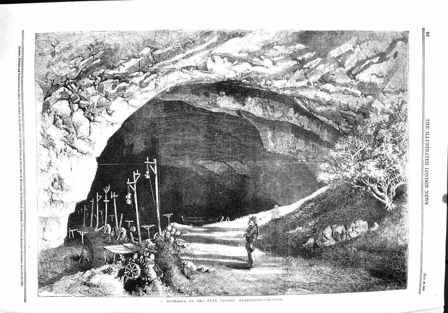 Original Old Antique Print 1860 Entrance Peak Cavern Cave Derbyshire England