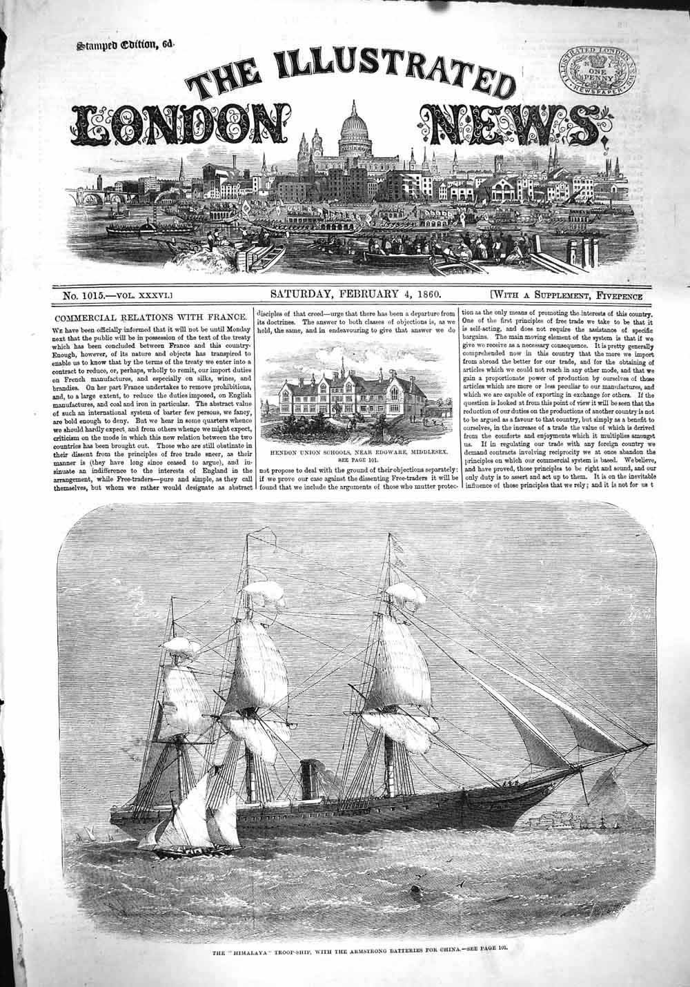 Antique Old Print *3786 1860 Himalaya Troop Ship Armstrong Batteries China