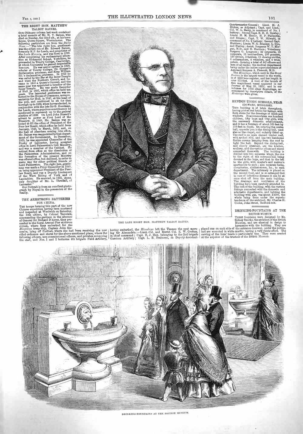 Original Old Antique Print 1860 Matthew Talbot Baines Drinking Fountains 19th
