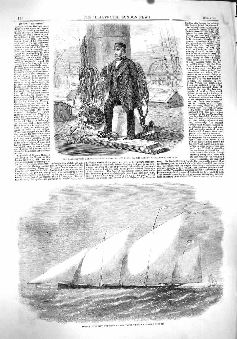 Old Antique Print 1860 Captain Harrison Lord Willoughby Lugger Yacht Moon 19th