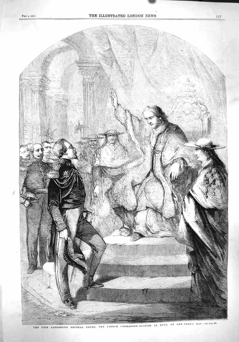 Old Antique Print 1860 Pope Adressing General Goyon Commander-Chief Rome 19th