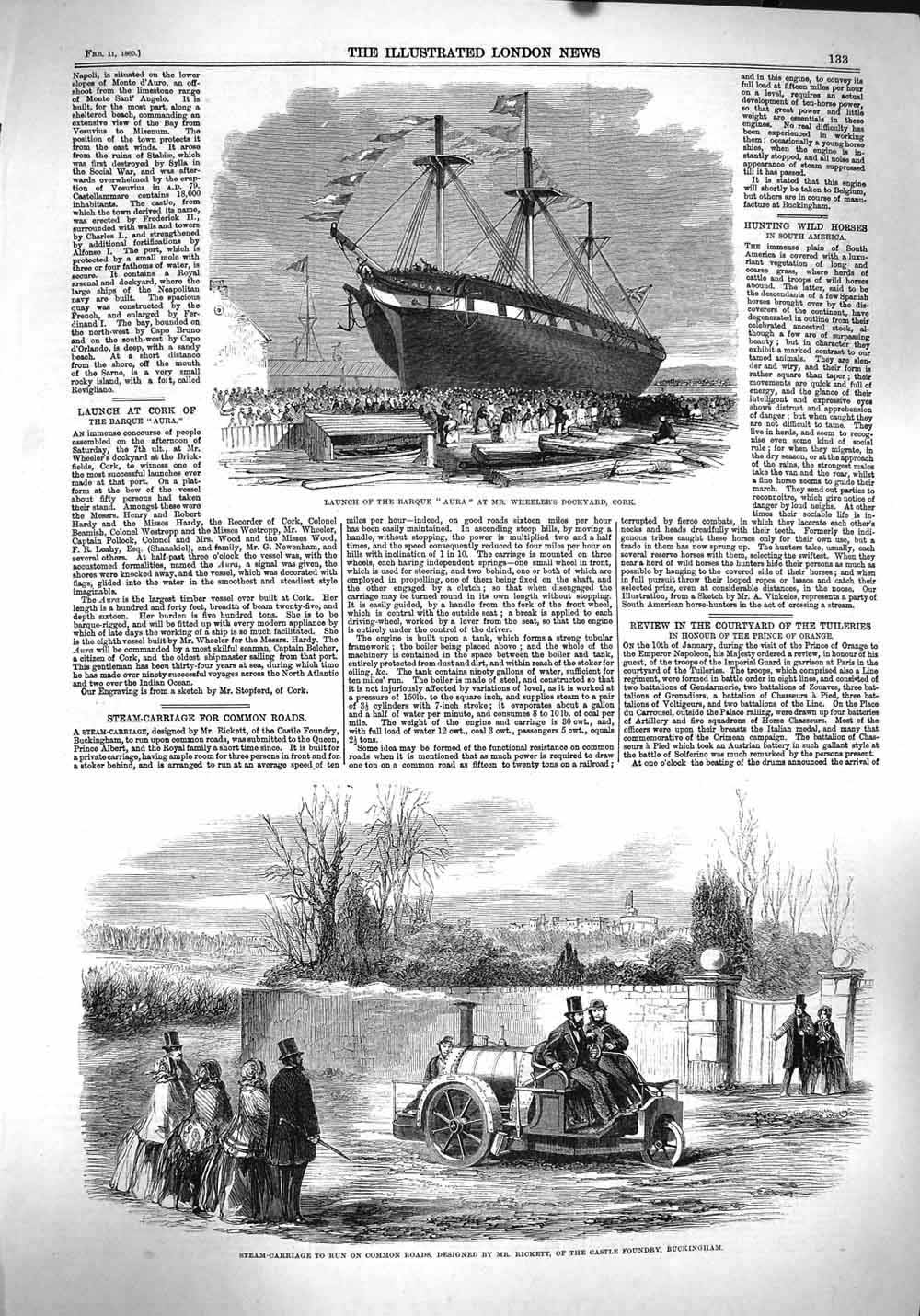 Old Antique Print 1860 Launch Barque Aura Wheeler'S Dockyard Cork Rickett 19th