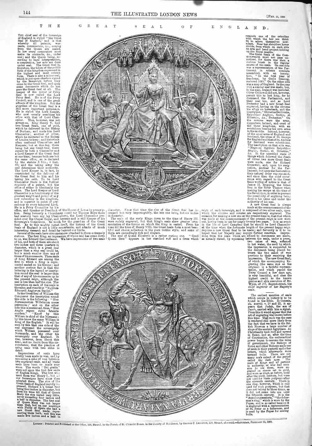 Original Old Antique Print 1860 Great Seal England Queen V 19th