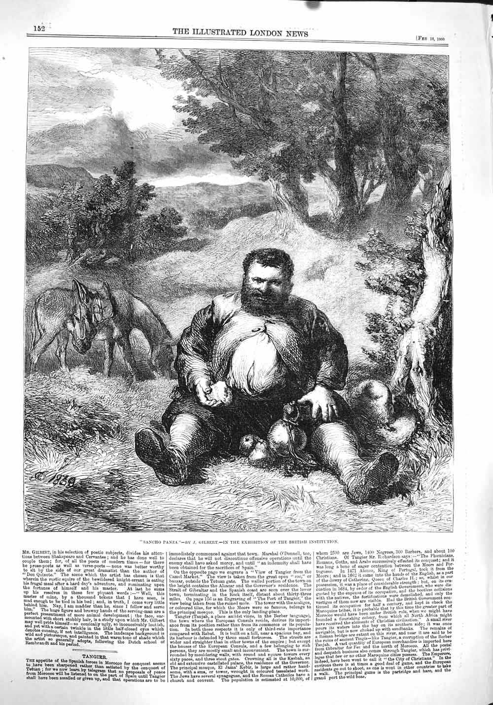 Original Old Antique Print 1860 Portrait Sancho Panza Man Horse Gilbert 19th